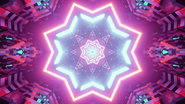 Bright 3D illustration of futuristic star shaped ornament inside purple tunnel with blue neon lights