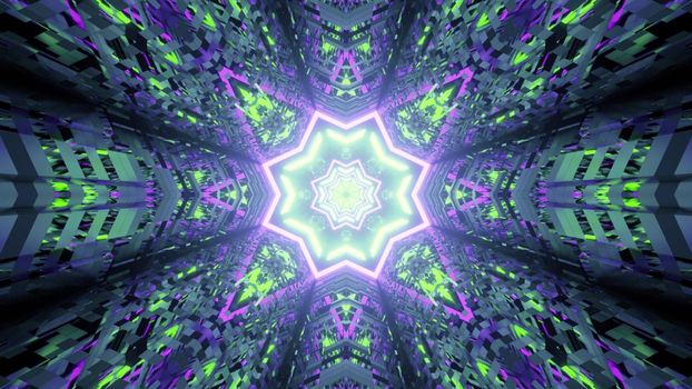 3D illustration of colorful distorted ornament forming star shaped tunnel glowing with neon light