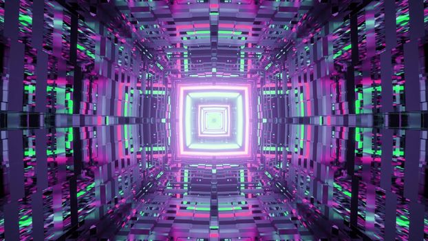 Colorful 3D illustration of futuristic square tunnel with bright neon illumination and distorted reflective walls