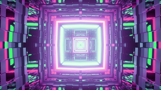 Geometric 3D illustration of vibrant square tunnel with reflective glass walls and colorful neon illumination