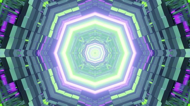 Surreal 3D illustration of bright octagon shaped ornament glowing with neon light and forming symmetric tunnel