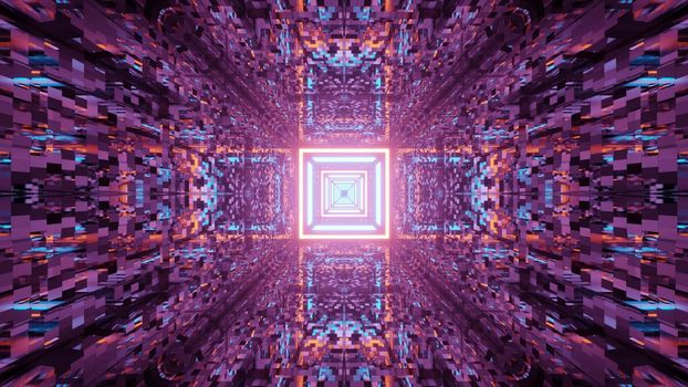 Surreal 3D illustration of futuristic neon tunnel with illusion of distortion on reflective walls
