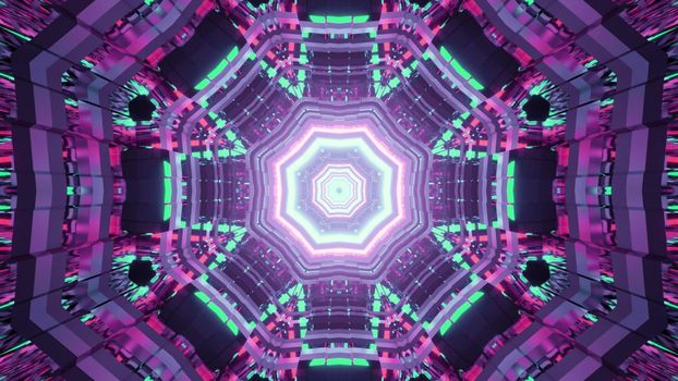 Abstract 3D illustration of multicolored neon lights shining brightly and forming futuristic tunnel