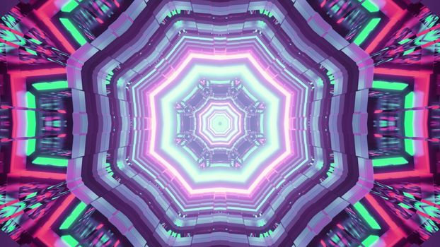 Vivid 3D illustration of octagon shaped futuristic tunnel glowing with neon lights of various colors