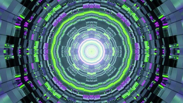 3D illustration of abstract distorted ornament glowing with neon light and forming round tunnel
