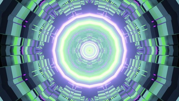 Abstract 3D illustration of round geometric tunnel with symmetric crystal ornament and neon illumination