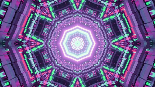 Surreal 3D illustration of colorful neon lights shimmering and forming abstract geometric ornament in tunnel