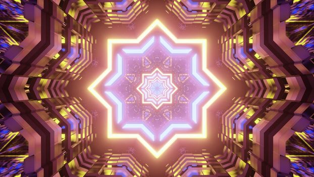 Symmetric 3D illustration of bright star shaped ornament glowing inside futuristic abstract tunnel