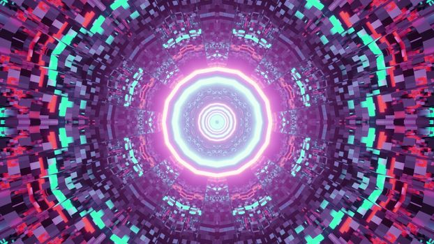3d illustration of abstract background of sci fi round shaped corridor illuminated by colorful neon lights