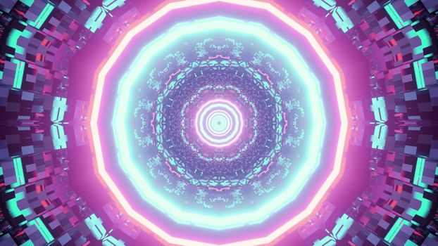Geometric 3D illustration of symmetric round tunnel with abstract ornament and vibrant neon illumination