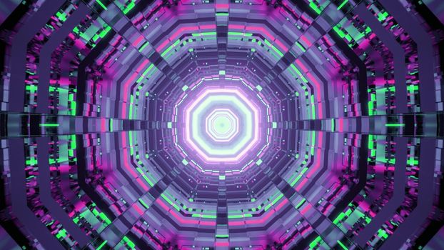 3d illustration of abstract background of geometric tunnel with round shapes glowing with neon illumination
