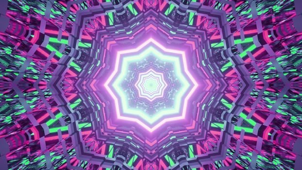 3d illustration of abstract geometrical background of star shaped neon tunnel glowing with colorful lights