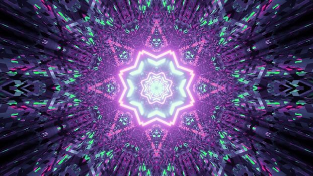 3d illustration of abstract background of vivid kaleidoscopic tunnel in shape of star with glowing purple and green lights