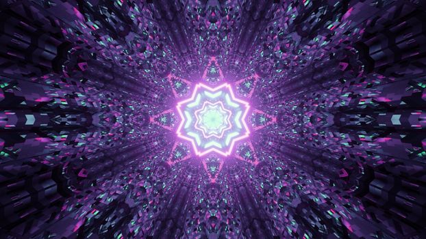 3d illustration of abstract background of ornamental star shaped tunnel with glowing purple neon light