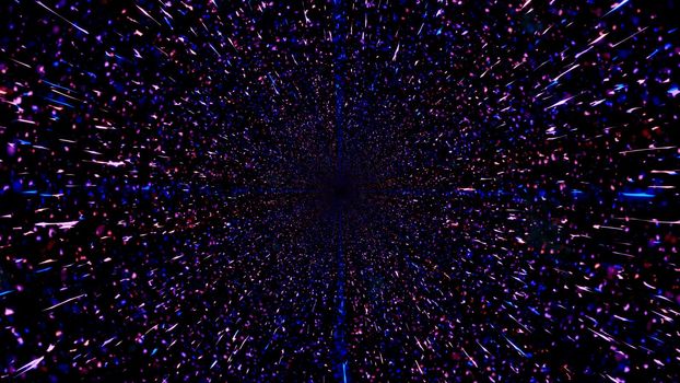 3d illustration of abstract background of endless three dimensional tunnel with pink and blue sparks of light