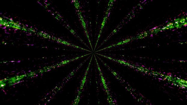 3d illustration of abstract background of dark endless tunnel with lines of glitching green and pink neon lights