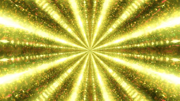 Graphic art of abstract 3D illustration representing endless tunnel illuminated by glowing golden light beams