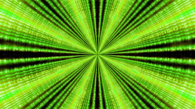 Graphic art of 3D illustration representing endless tunnel illuminated by colorful wavy light rays