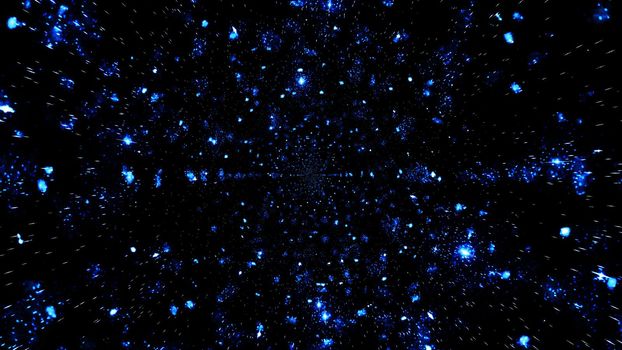 3D illustration of bright blue neon lights glowing and reflecting in dark endless tunnel as abstract background