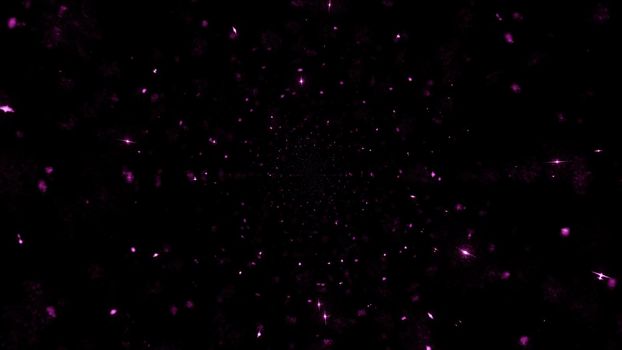 3D illustration of dark endless space with bright purple neon lights as abstract background