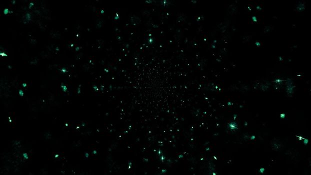 3D illustration of chaotic neon green light shining in dark tunnel as abstract background