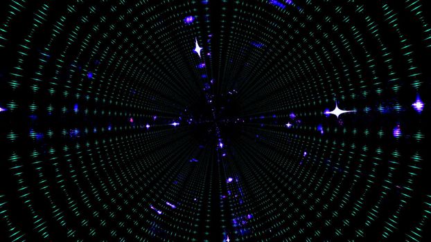 3D illustration of futuristic dark tunnel with symmetric luminous abstract lights as background