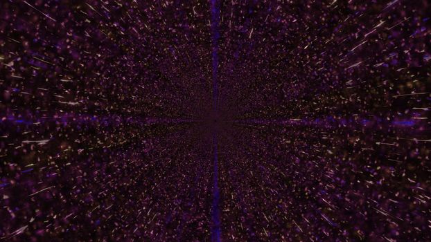 Abstract 3D illustration of endless tunnel in motion with light particles spreading in darkness