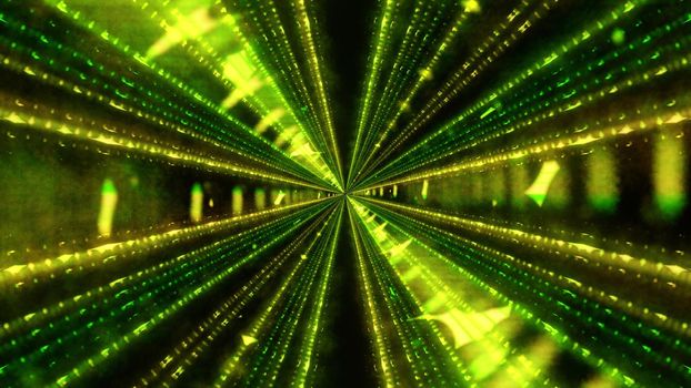 3D illustration of vivid green beams shining with neon light and forming symmetric ornament