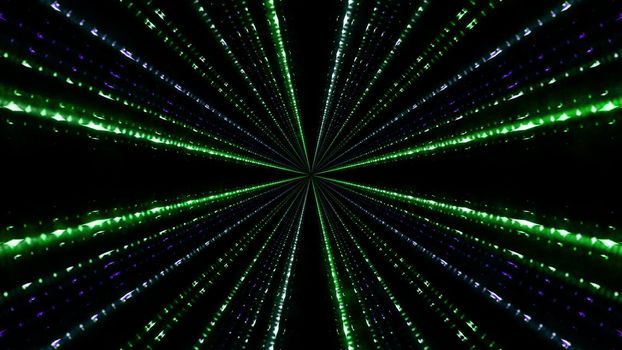 Symmetric 3D illustration of green and blue neon rays forming abstract ornament in darkness