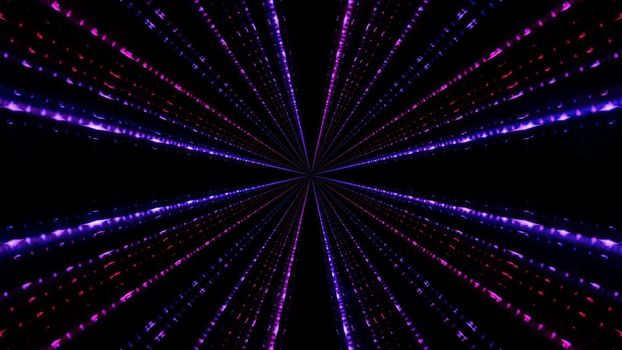3D illustration of vivid violet beams glowing and forming abstract ornament in darkness