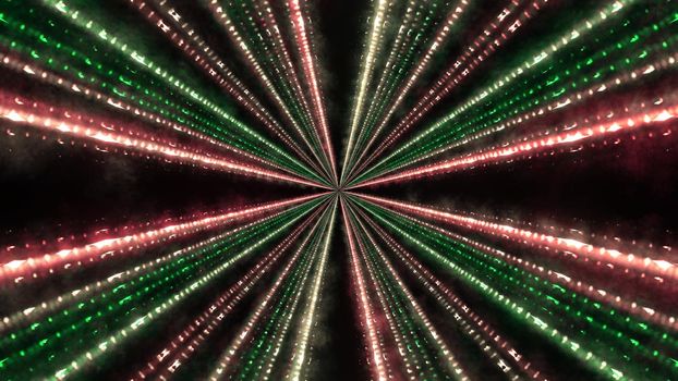 3D illustration of multicolored neon rays shining brightly and forming symmetric abstract ornament