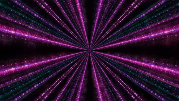 Creative 3D illustration of vivid beams of neon light shining from center of abstract ornament