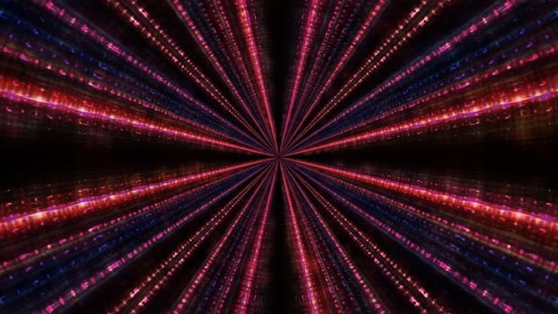 Symmetric 3D illustration of bright red beams glowing with neon light from center of abstract creative background