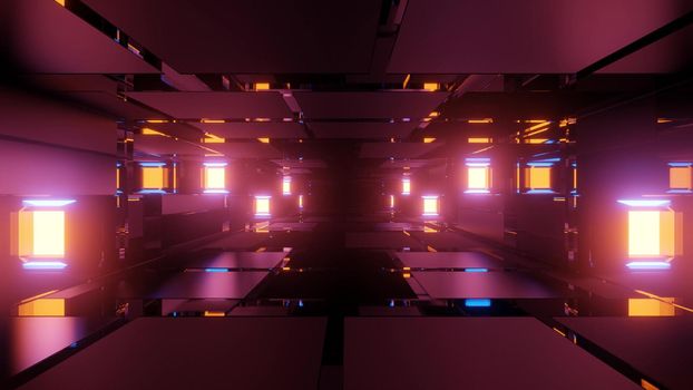 Bright colorful neon lamps illuminating dark hallway of futuristic building with geometric shapes as abstract background design in 3d illustration