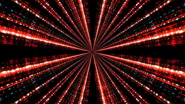 3D illustration of bright beams glowing with red neon light in contrast with black background