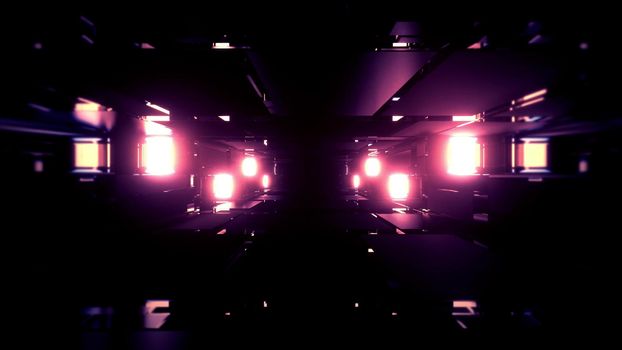 3d illustration of abstract background of dark futuristic tunnel with geometric brocks glowing with purple neon color