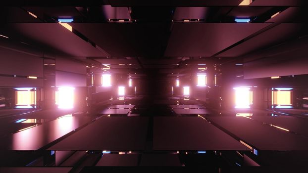Abstract 3d illustration of purple bricks panels and lights forming perspective corridor on black background
