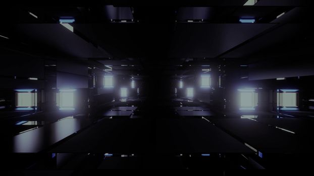 3d illustration of abstract background of dark endless tunnel with bricks glowing with neon light