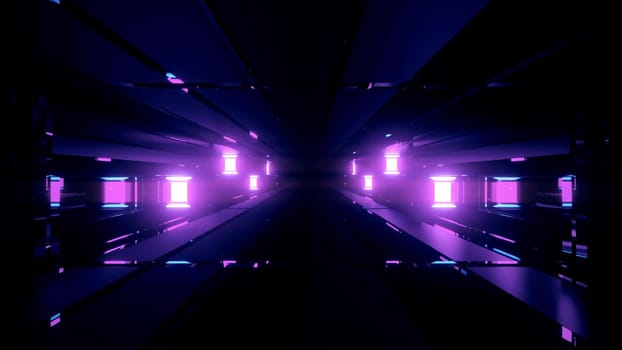 Geometrical three dimensional illustration of glowing purple square lights on black background