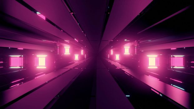 Perspective 3d illustration of purple long blocks and glowing square lines merging on black background
