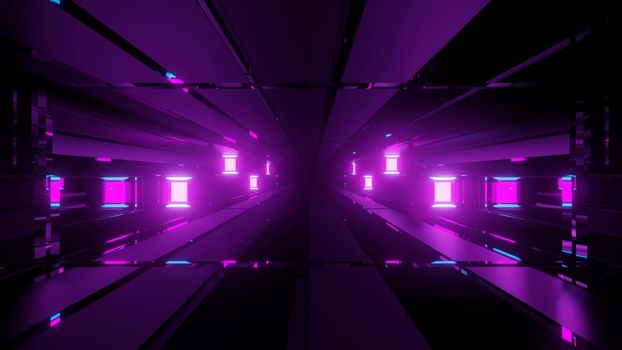 Interior of dark tunnel illuminated by glowing neon purple lamps with light reflections as abstract futuristic background in 3d illustration