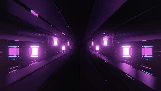 3d illustration of abstract background of dark sci fi tunnel illuminated by purple neon light