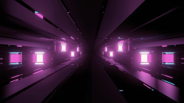 3d illustration of abstract background of three dimensional sci fi tunnel glowing with purple neon light