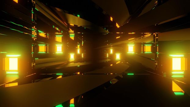 Shiny green and yellow neon lights reflecting in dark corridor of futuristic building with geometric design as abstract 3d illustration sci fi background