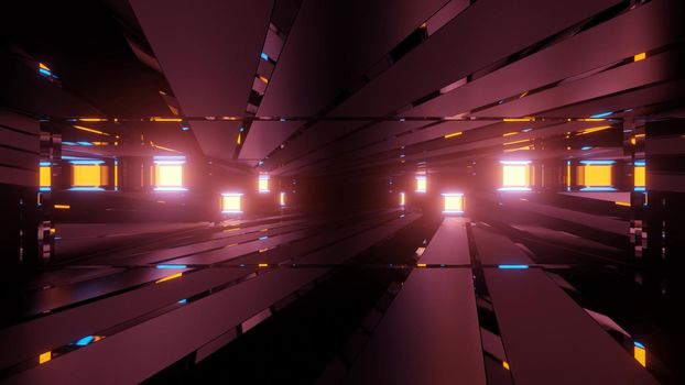 Abstract 3d illustration futuristic background design with luminous neon lamps illuminating dark tunnel with mirrored walls and geometric shapes