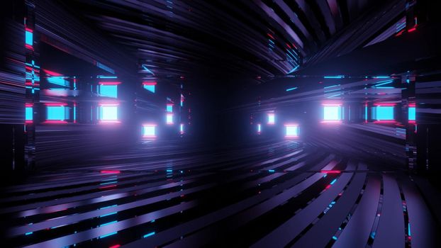 Abstract futuristic background 3d illustration with effect of motion inside dark tunnel with mirrored surface reflecting blue and red neon lights