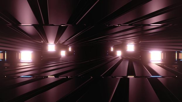 3d illustration of abstract background of dark tunnel with geometric shapes glowing with neon light