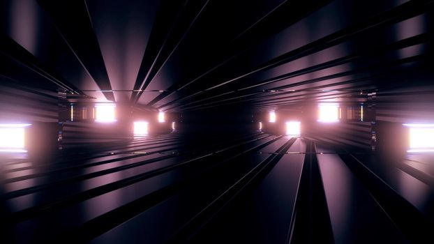 3d illustration of abstract background of dark illuminated sci fi tunnel with geometric shapes glowing with neon light