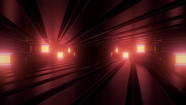 3d illustration of abstract background of sci fi tunnel with bricks illuminated by red neon light