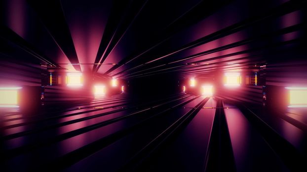 3d illustration of abstract background of dark futuristic tunnel with geometric bricks with neon illumination